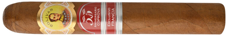Dettaglio in primo piano del sigaro Bolivar Evento 55 con la doppia anilla della marca e la fascetta Exclusivo Francia per il 55esimo anniversario Coprova.