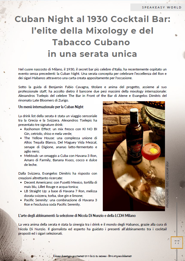 Atmosfera clandestina e miscelazione d'autore al 1930 Cocktail Bar di Milano durante la Cuban Night di NDN Speakeasy.
