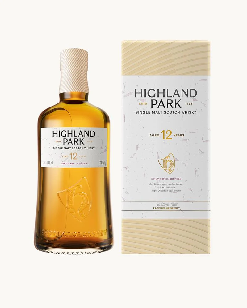 Nuova bottiglia e astuccio in cartone riciclabile di Highland Park 12 YO 2024 Edition Single Malt Scotch Whisky.