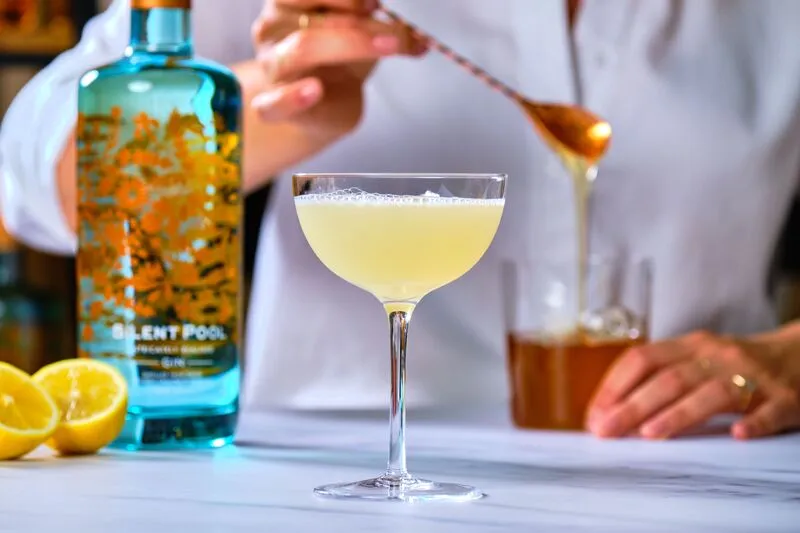 Cocktail Silent Pool Bee's Knees servito in una coppetta elegante con una guarnizione rinfrescante, accanto alla bottiglia di gin.