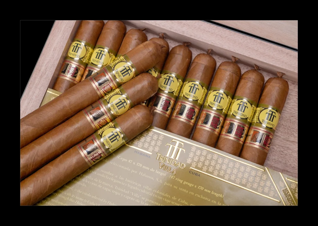 Primo piano dei sigari Trinidad Villa LCDH & SP disposti nel box con doppia anilla in evidenza.
