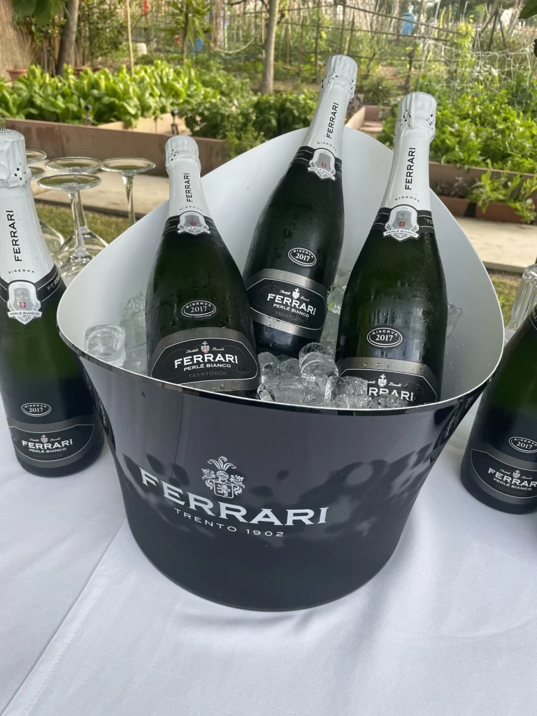 Spumante Ferrari Trento DOC Perle Bianco in secchiello del ghiaccio all'evento Habanos Terrace da Andreina.