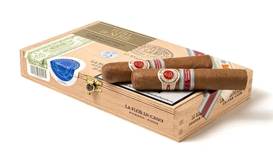 Due sigari cubani La Flor de Cano con anille 'Exclusivo España' appoggiati orizzontalmente su una scatola di sigari di cedro chiusa con l'etichetta 'Fuera de Serie'. La scatola mostra il marchio La Flor de Cano e i sigilli di garanzia.