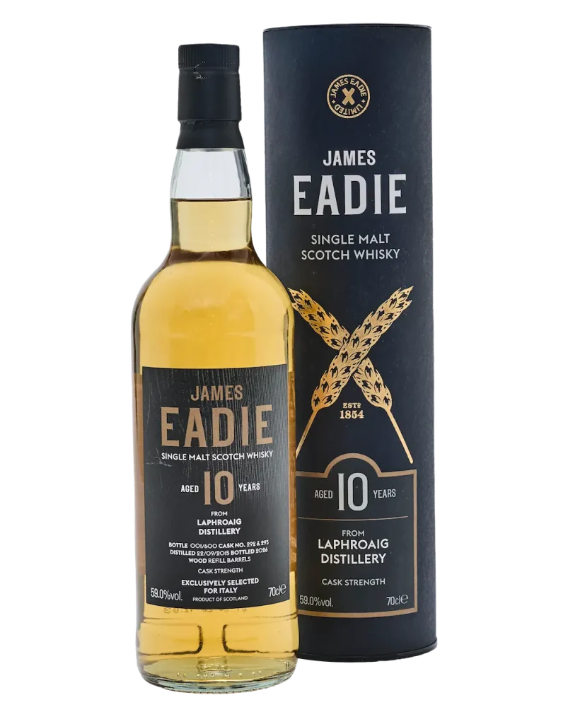 Bottiglia e confezione a tubo del Single Malt Scotch Whisky Laphroaig 10 Years Old selezionato da James Eadie in esclusiva per l'Italia.